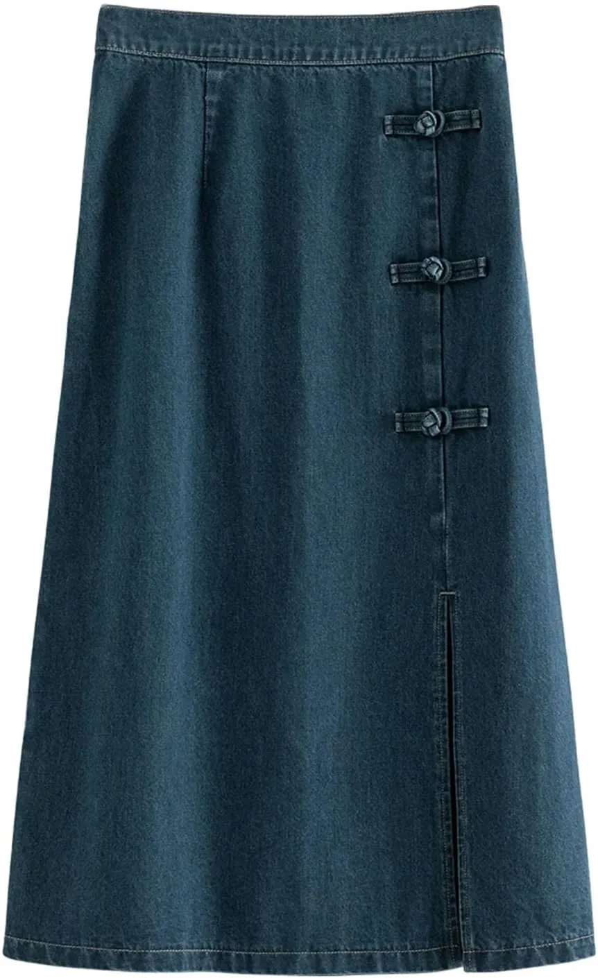 Women Denim Skirts Back Elastic Waist Button Asymmetric Long Skirts Dark Denim Skirt