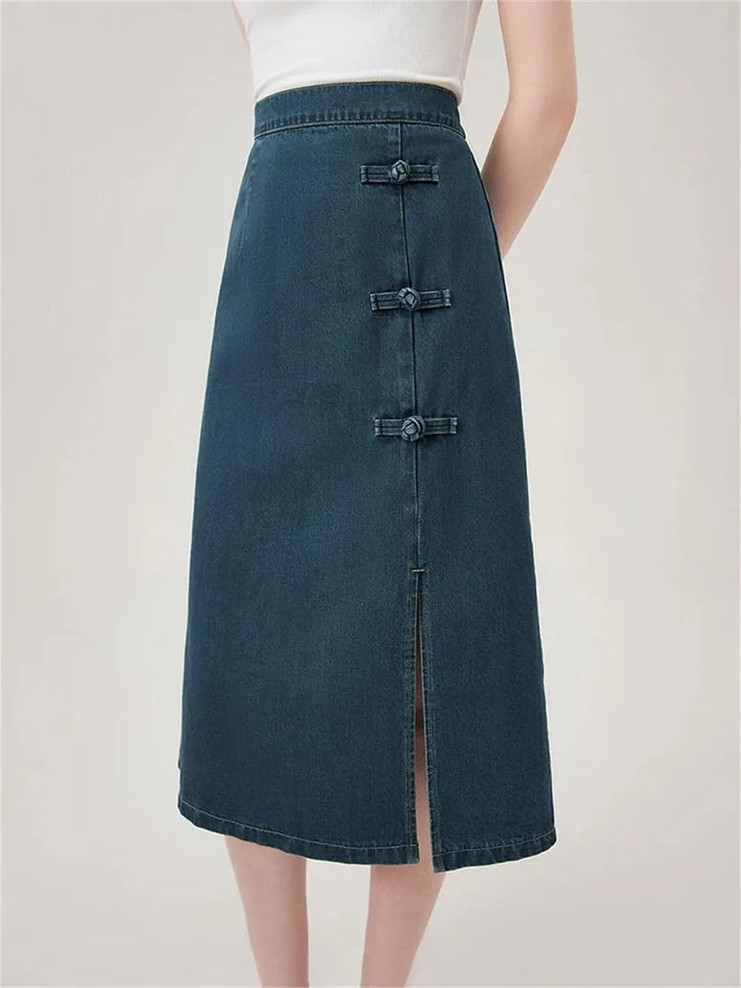 Women Denim Skirts Back Elastic Waist Button Asymmetric Long Skirts Dark Denim Skirt