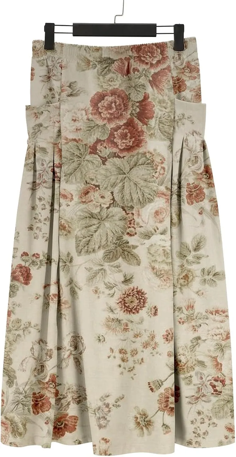 Women Elastic High Waist Boho Floral Maxi Skirt Tiered Pleated Flowy Long Summer Casual Beach Skirt