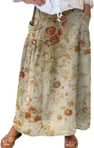 Women Elastic High Waist Boho Floral Maxi Skirt Tiered Pleated Flowy Long Summer Casual Beach Skirt