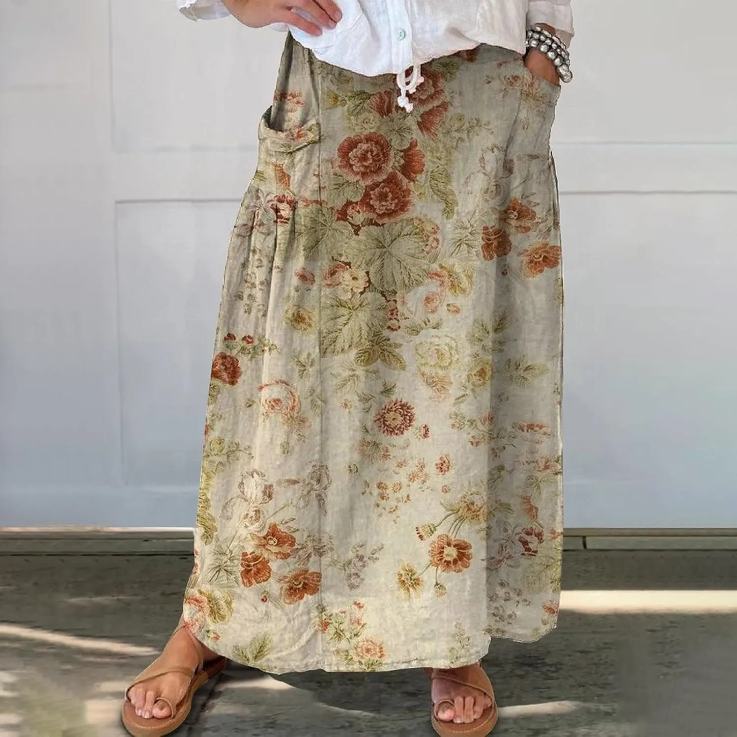 Women Elastic High Waist Boho Floral Maxi Skirt Tiered Pleated Flowy Long Summer Casual Beach Skirt