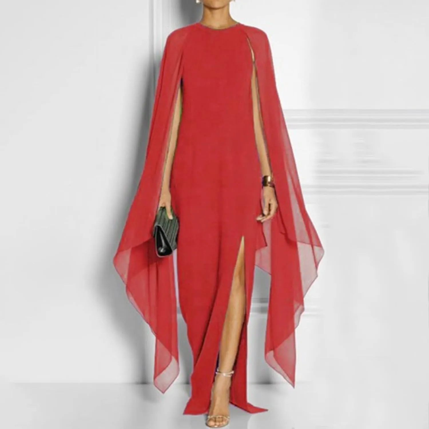 Women Elegant High Split Flare Sleeve Formal Evening Gown Maxi Dress 2025 Trendy Sexy Cocktail Party Flowy Long Dress