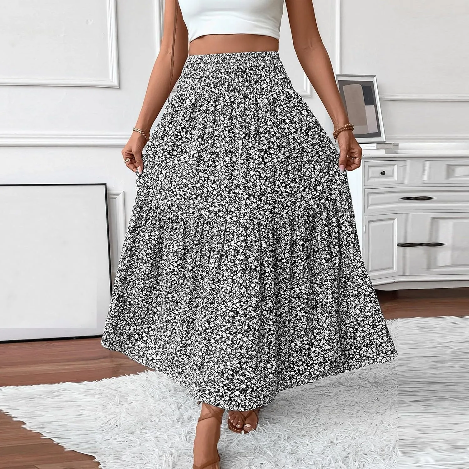 Women Floral Maxi Skirt Smocked High Waist Cotton Flowy Long Skirts Summer Boho Beach Hawaiian Vacation A Line Skirt