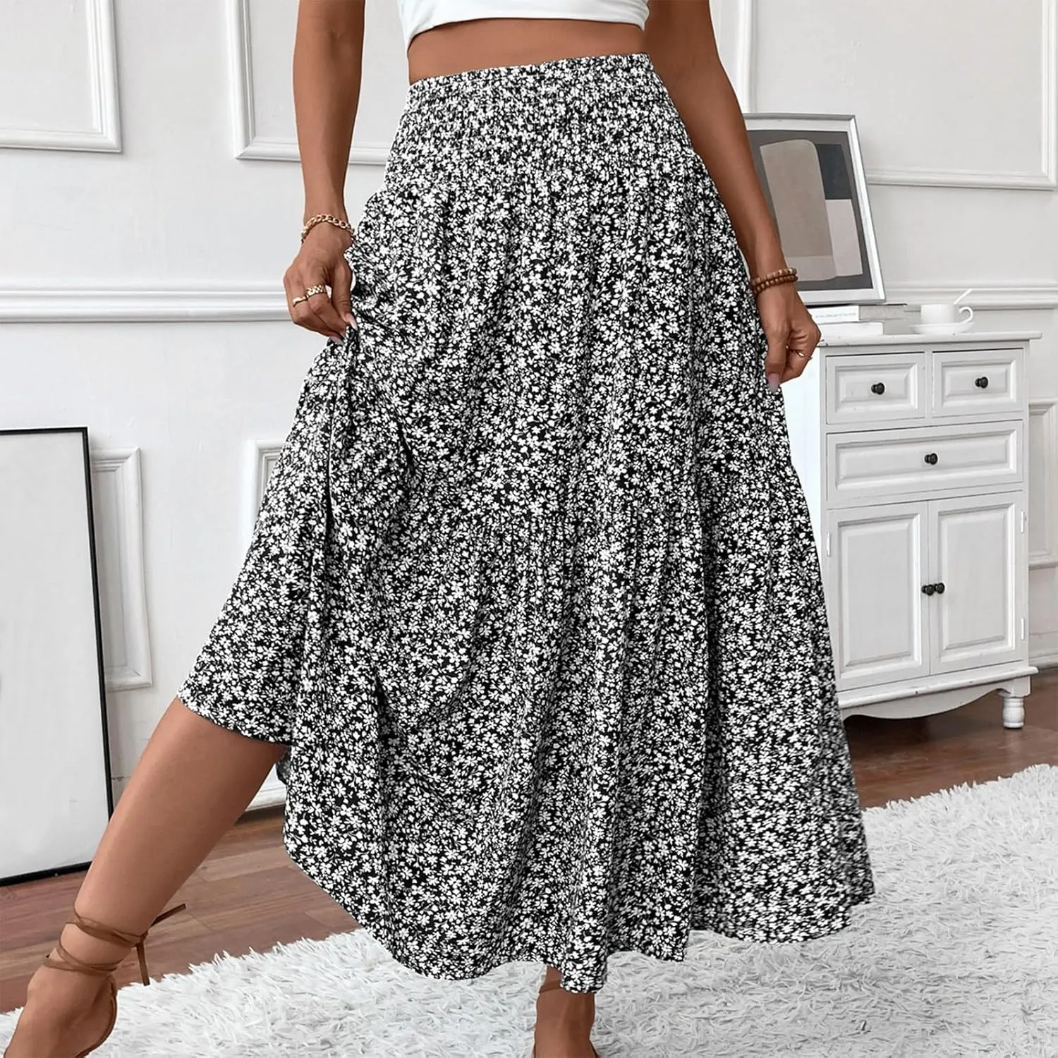 Women Floral Maxi Skirt Smocked High Waist Cotton Flowy Long Skirts Summer Boho Beach Hawaiian Vacation A Line Skirt