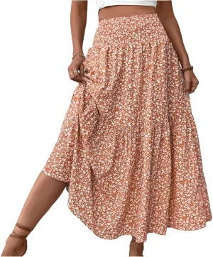 Women Floral Maxi Skirt Smocked High Waist Cotton Flowy Long Skirts Summer Boho Beach Hawaiian Vacation A Line Skirt