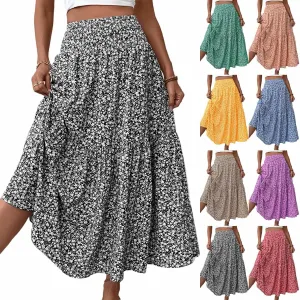 Women Floral Maxi Skirt Smocked High Waist Cotton Flowy Long Skirts Summer Boho Beach Hawaiian Vacation A Line Skirt