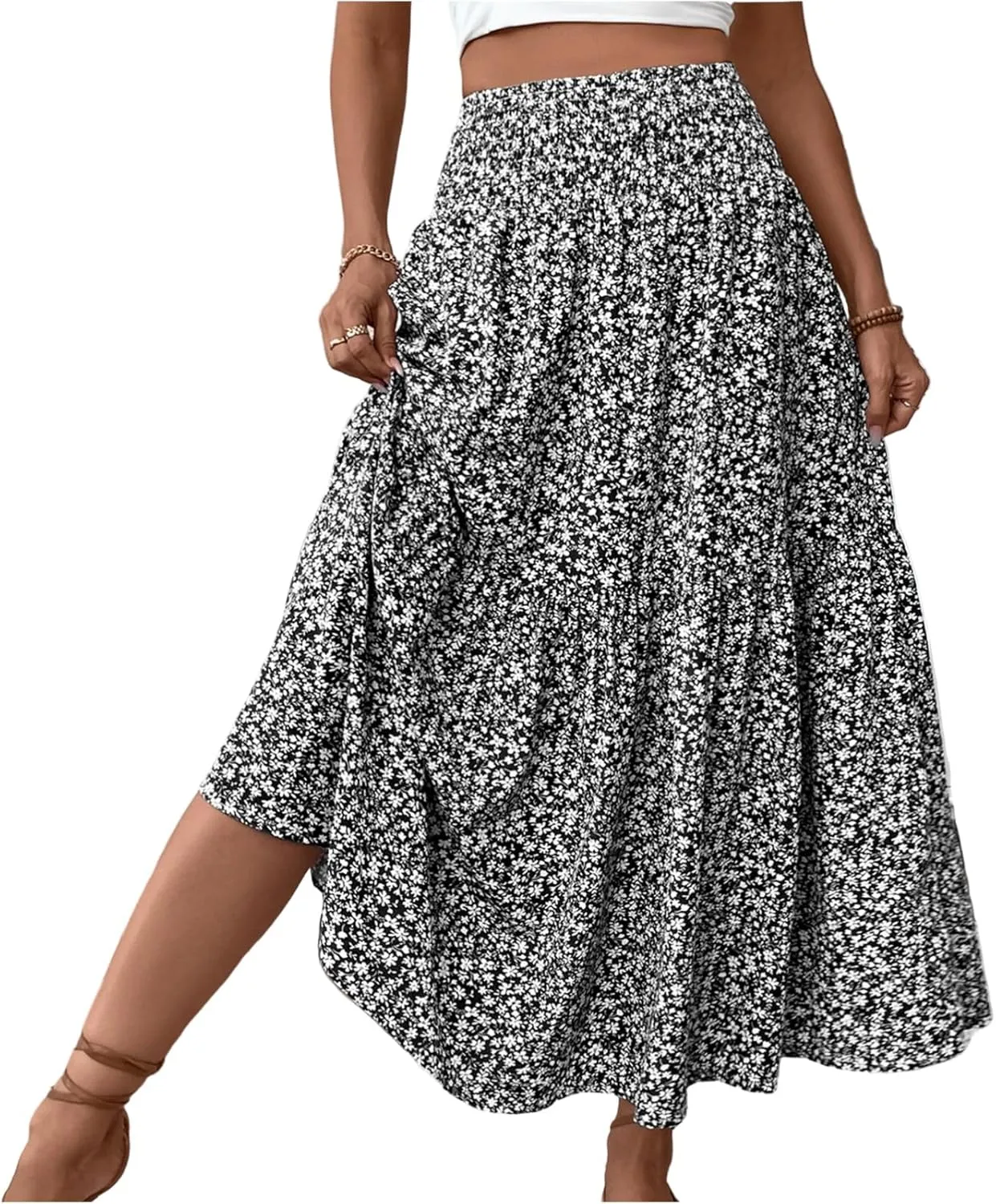 Women Floral Maxi Skirt Smocked High Waist Cotton Flowy Long Skirts Summer Boho Beach Hawaiian Vacation A Line Skirt