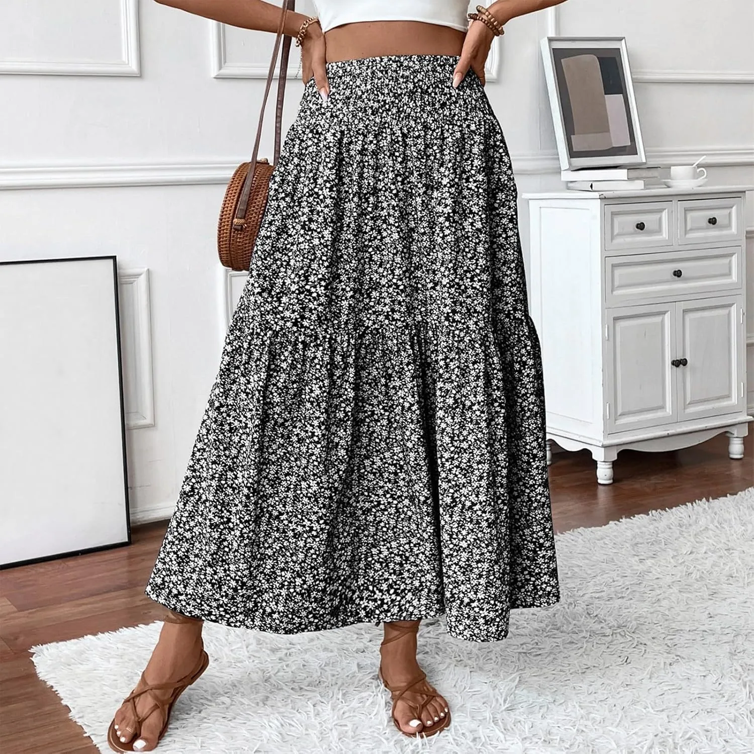 Women Floral Maxi Skirt Smocked High Waist Cotton Flowy Long Skirts Summer Boho Beach Hawaiian Vacation A Line Skirt