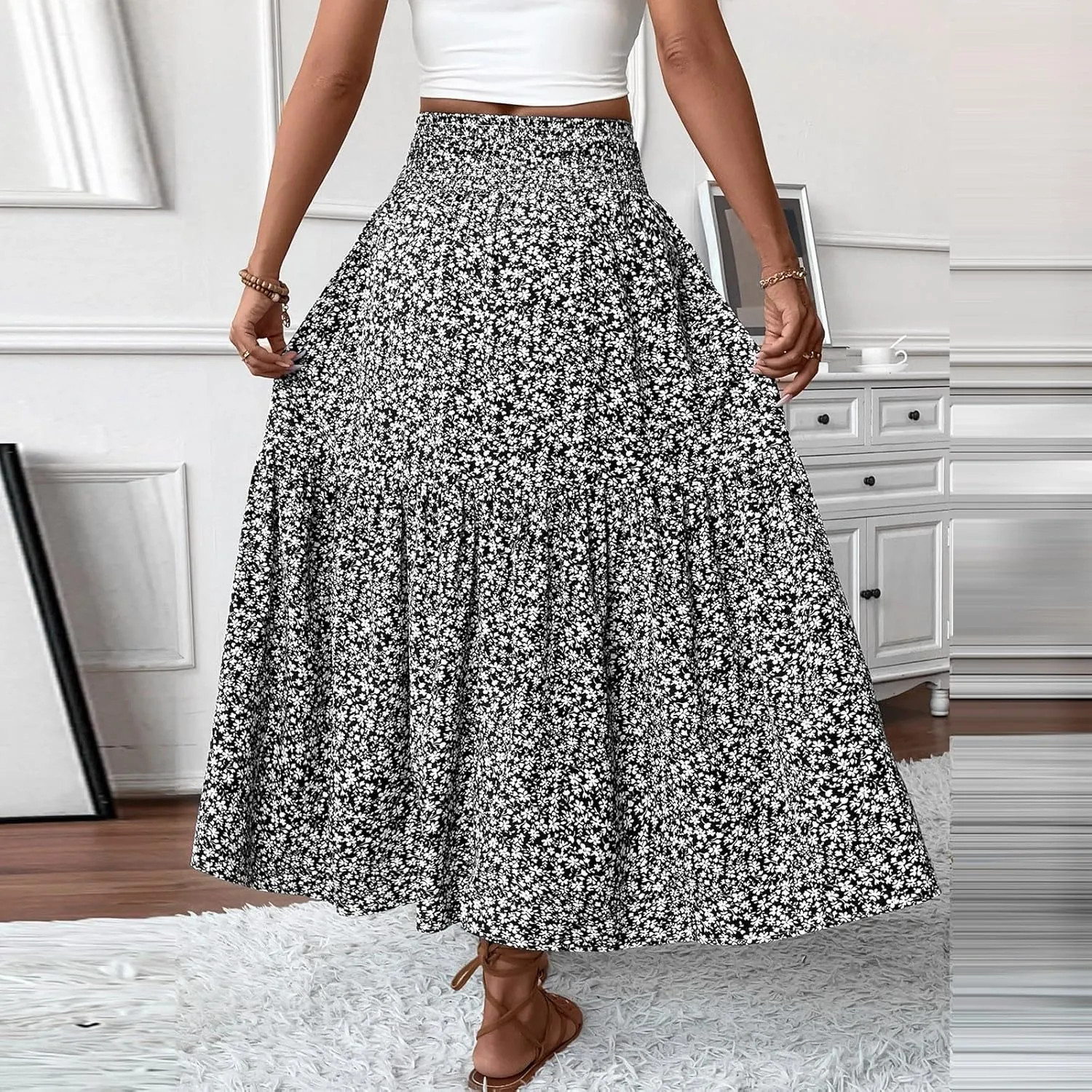 Women Floral Maxi Skirt Smocked High Waist Cotton Flowy Long Skirts Summer Boho Beach Hawaiian Vacation A Line Skirt