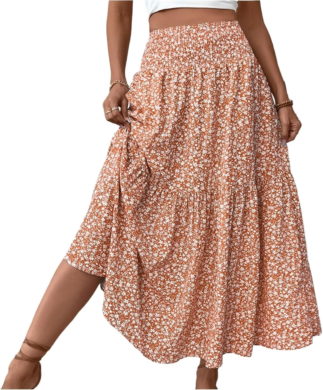 Women Floral Maxi Skirt Smocked High Waist Cotton Flowy Long Skirts Summer Boho Beach Hawaiian Vacation A Line Skirt