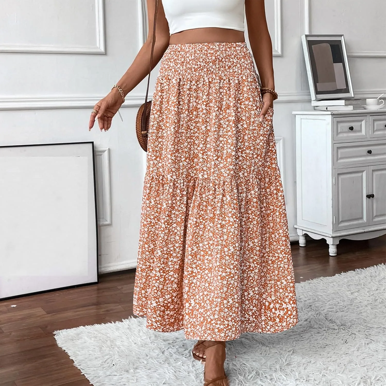 Women Floral Maxi Skirt Smocked High Waist Cotton Flowy Long Skirts Summer Boho Beach Hawaiian Vacation A Line Skirt