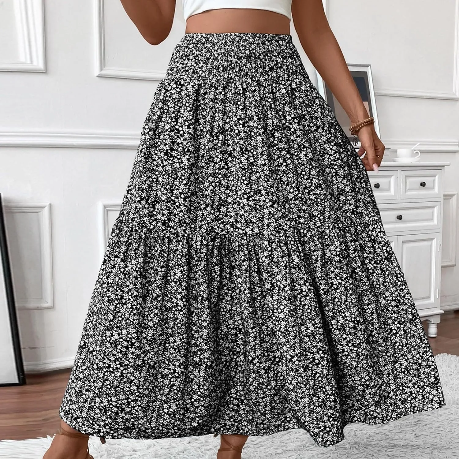 Women Floral Maxi Skirt Smocked High Waist Cotton Flowy Long Skirts Summer Boho Beach Hawaiian Vacation A Line Skirt
