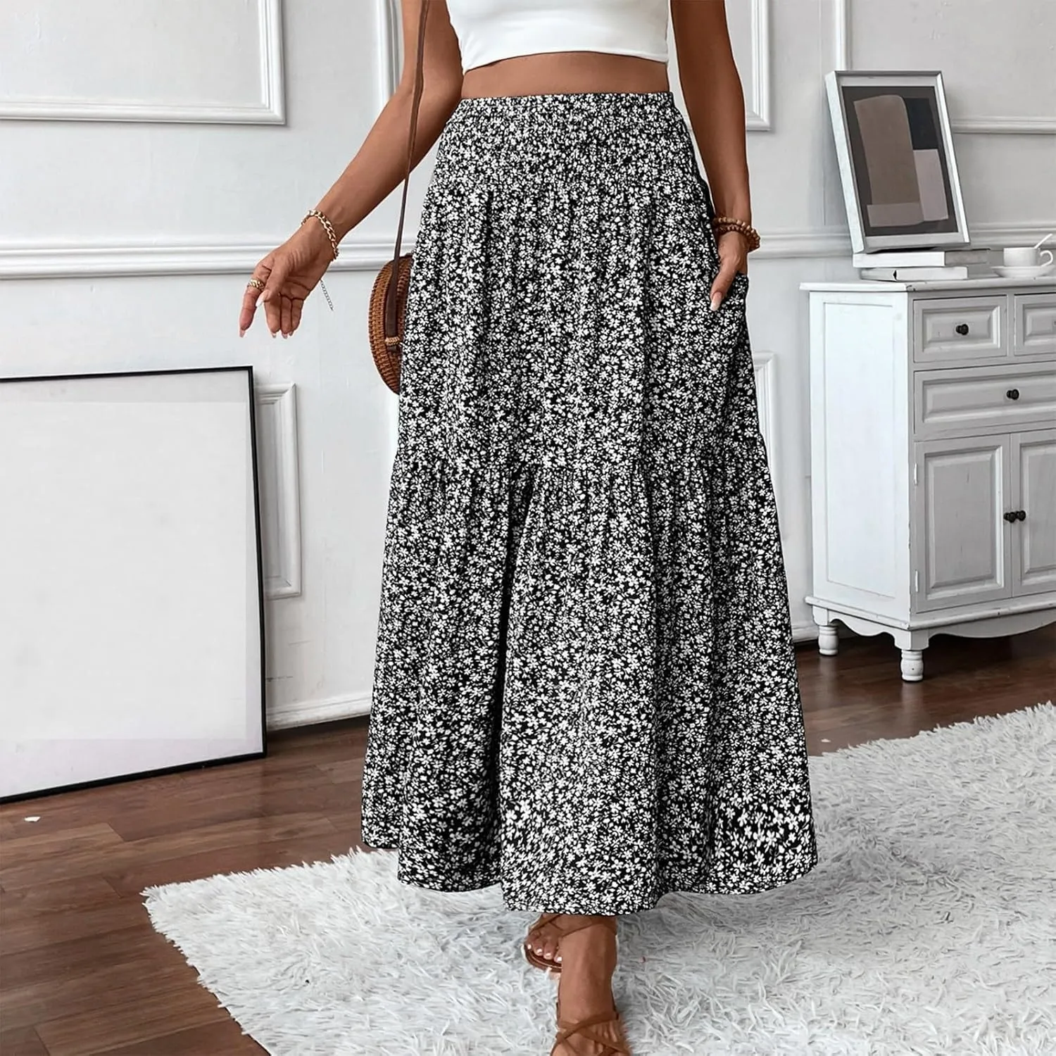 Women Floral Maxi Skirt Smocked High Waist Cotton Flowy Long Skirts Summer Boho Beach Hawaiian Vacation A Line Skirt