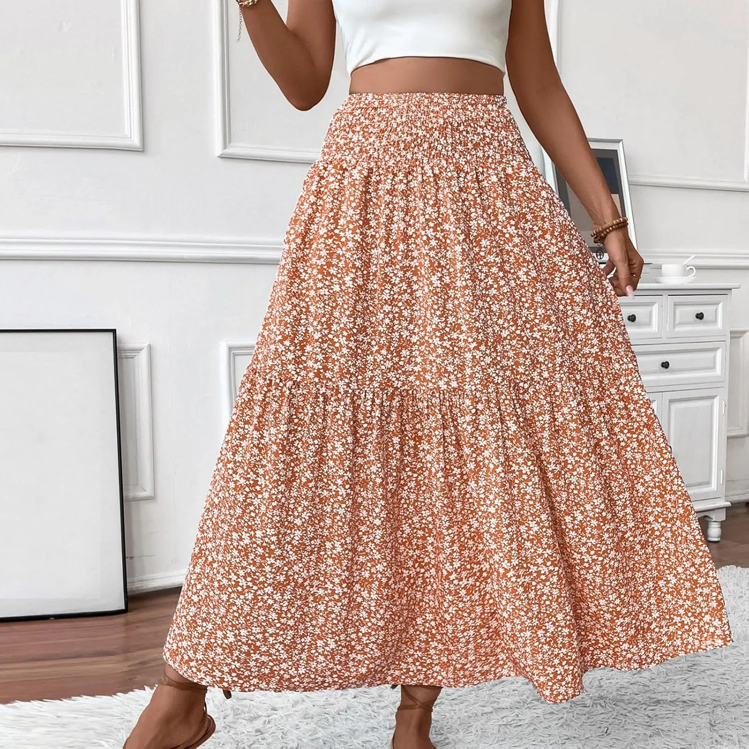 Women Floral Maxi Skirt Smocked High Waist Cotton Flowy Long Skirts Summer Boho Beach Hawaiian Vacation A Line Skirt