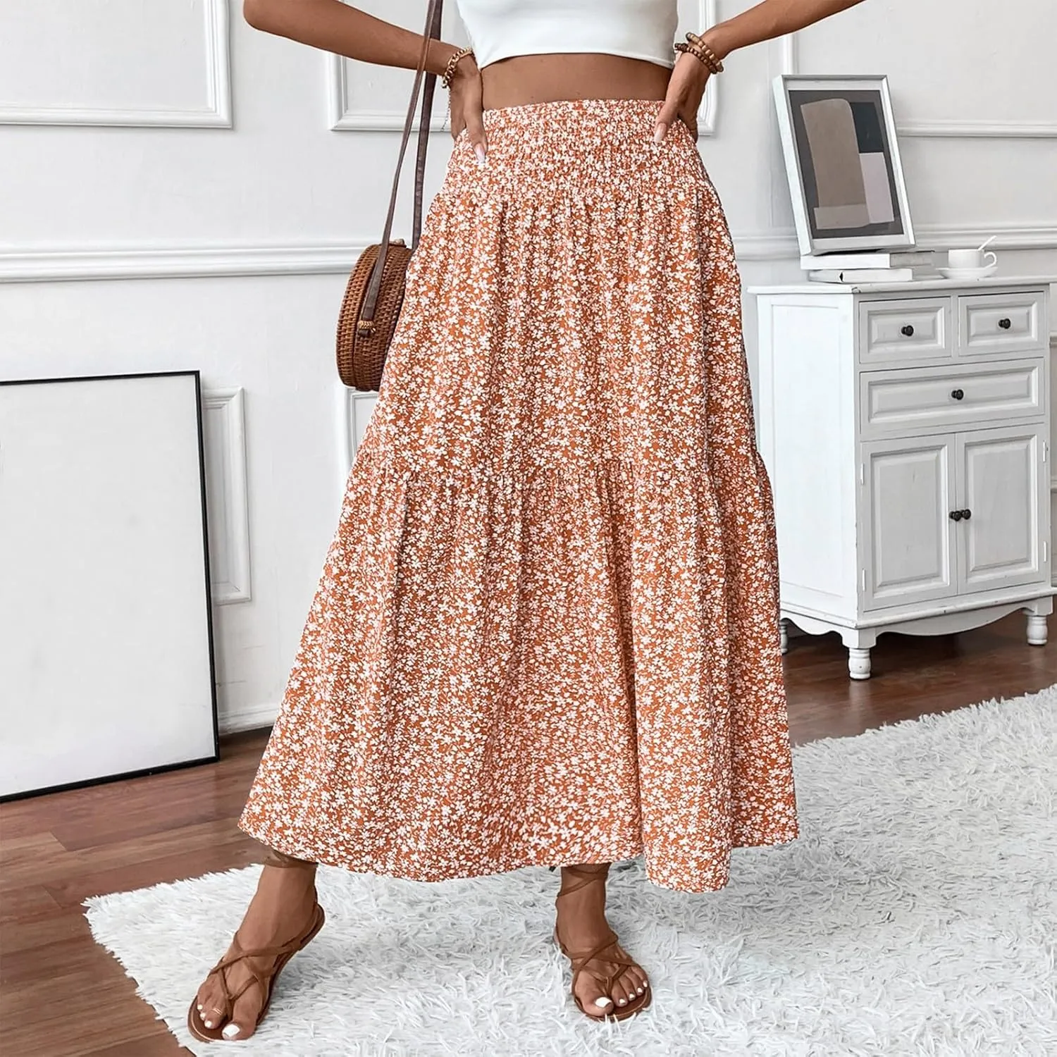 Women Floral Maxi Skirt Smocked High Waist Cotton Flowy Long Skirts Summer Boho Beach Hawaiian Vacation A Line Skirt