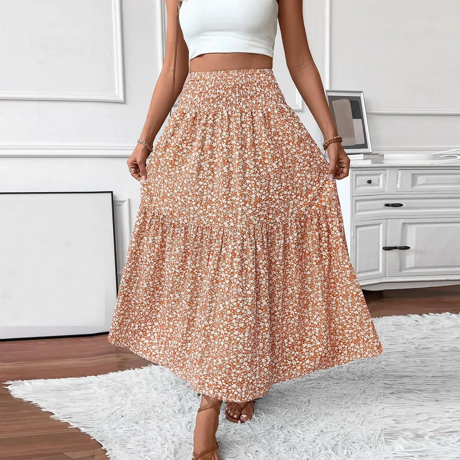 Women Floral Maxi Skirt Smocked High Waist Cotton Flowy Long Skirts Summer Boho Beach Hawaiian Vacation A Line Skirt