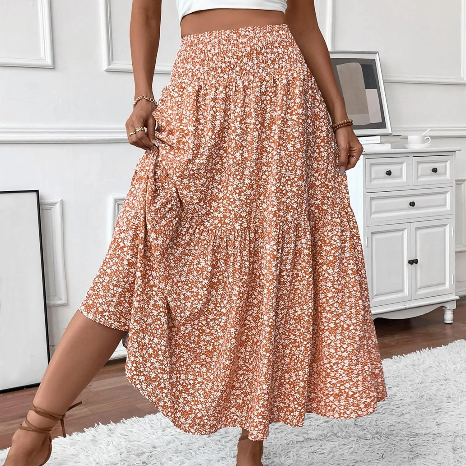 Women Floral Maxi Skirt Smocked High Waist Cotton Flowy Long Skirts Summer Boho Beach Hawaiian Vacation A Line Skirt