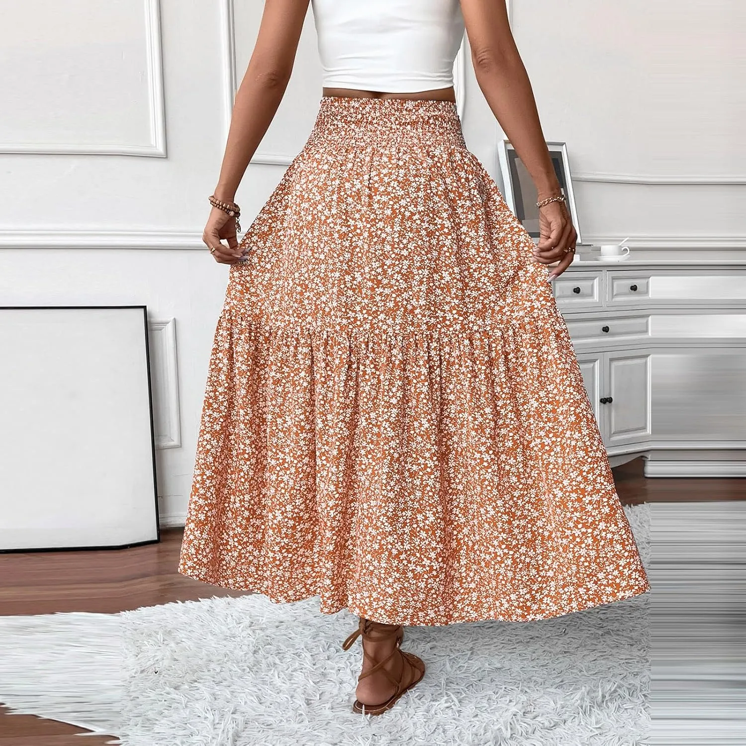 Women Floral Maxi Skirt Smocked High Waist Cotton Flowy Long Skirts Summer Boho Beach Hawaiian Vacation A Line Skirt