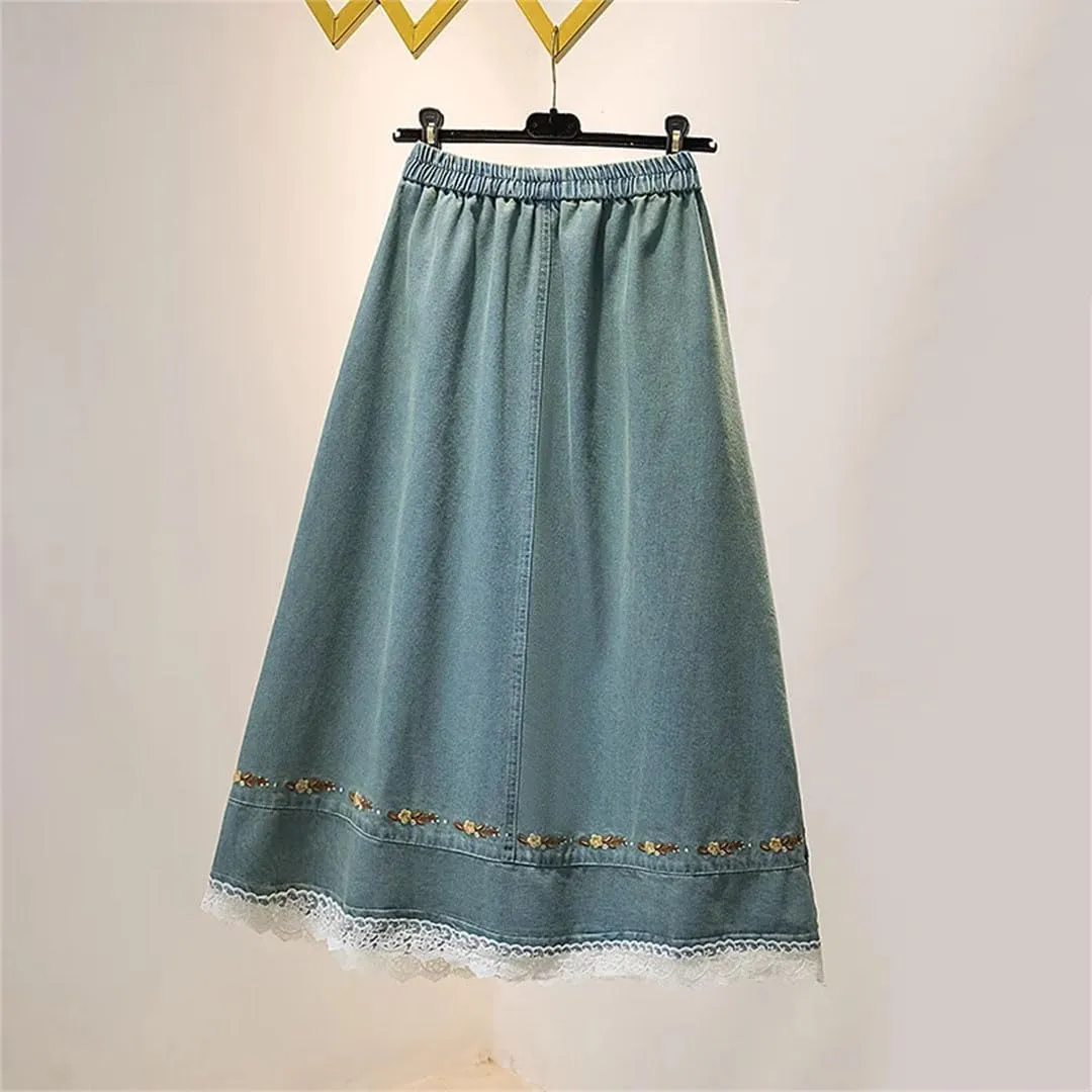 Women Lace Patckwork Office Denim Skirts High Waist Strench Slim Loose Skirts