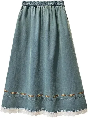 Women Lace Patckwork Office Denim Skirts High Waist Strench Slim Loose Skirts