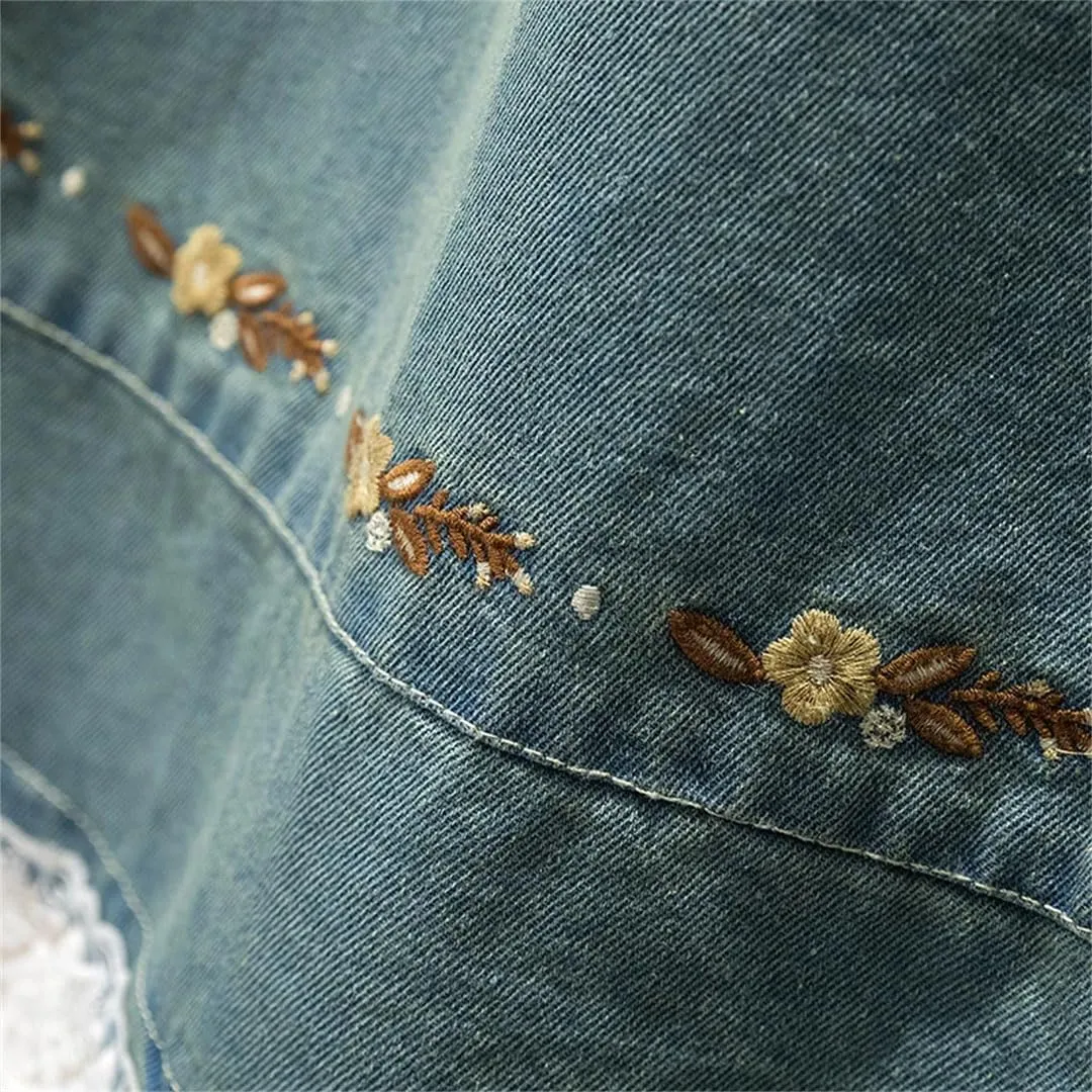 Women Lace Patckwork Office Denim Skirts High Waist Strench Slim Loose Skirts