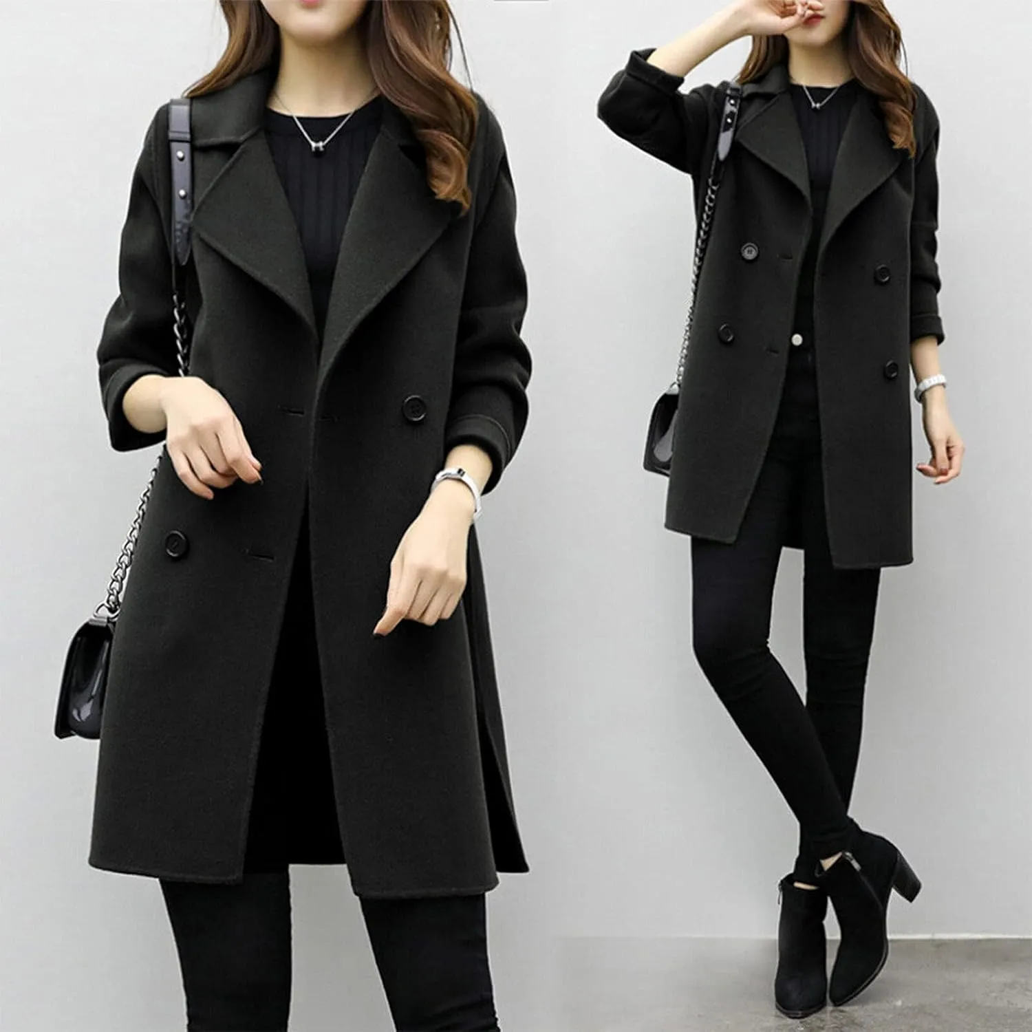 Women Lapel Double Breasted Long Trench Coat Lapel Collar Cardigan Outerwear Charming Fashion Warm Thick Peacoat Jacket