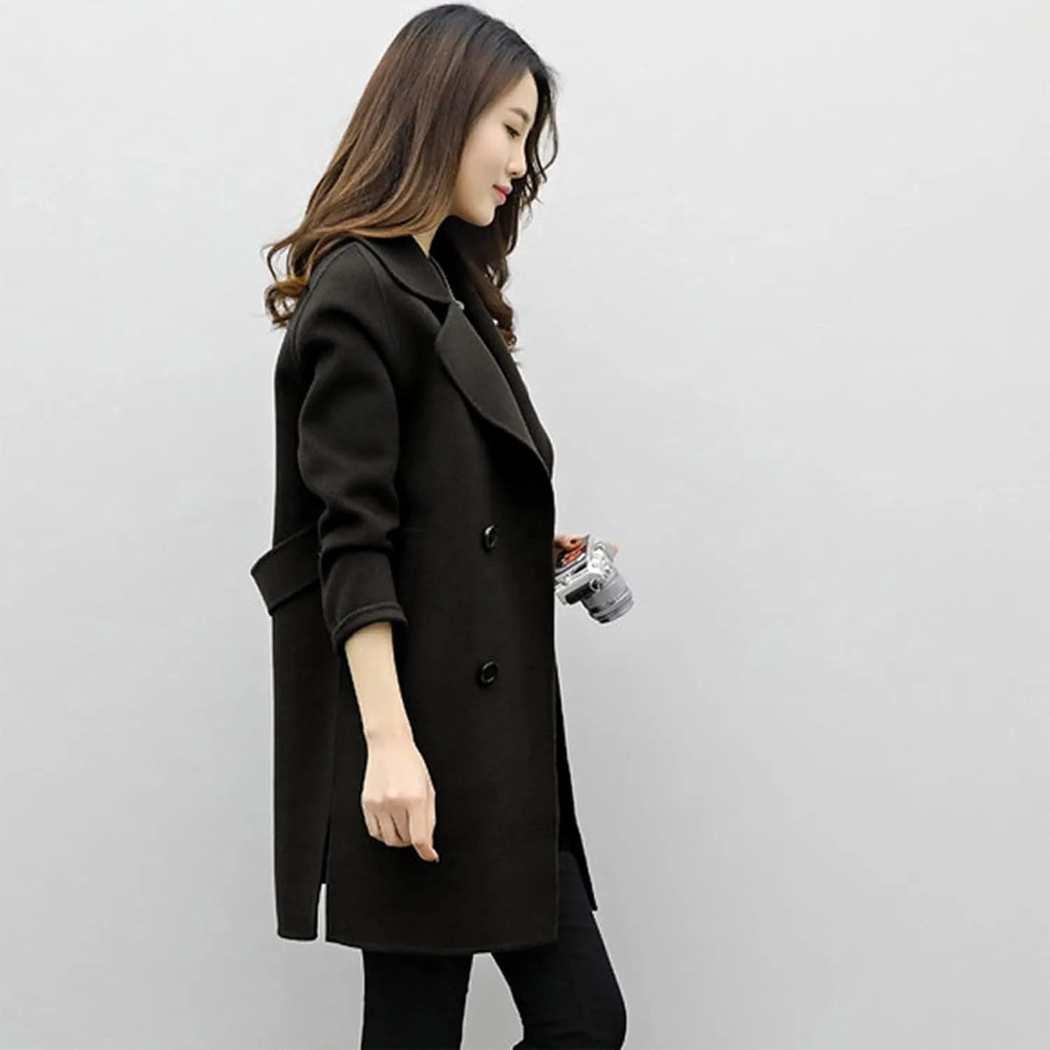 Women Lapel Double Breasted Long Trench Coat Lapel Collar Cardigan Outerwear Charming Fashion Warm Thick Peacoat Jacket