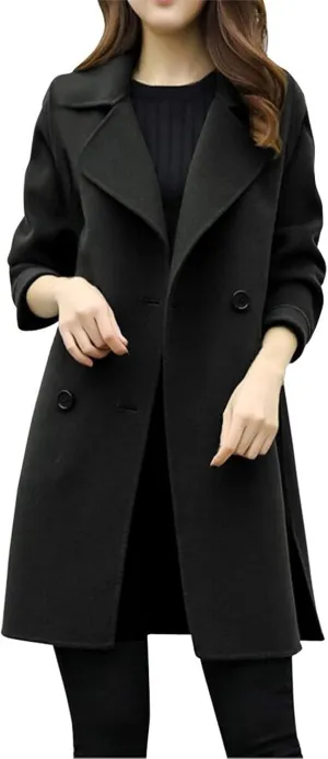 Women Lapel Double Breasted Long Trench Coat Lapel Collar Cardigan Outerwear Charming Fashion Warm Thick Peacoat Jacket