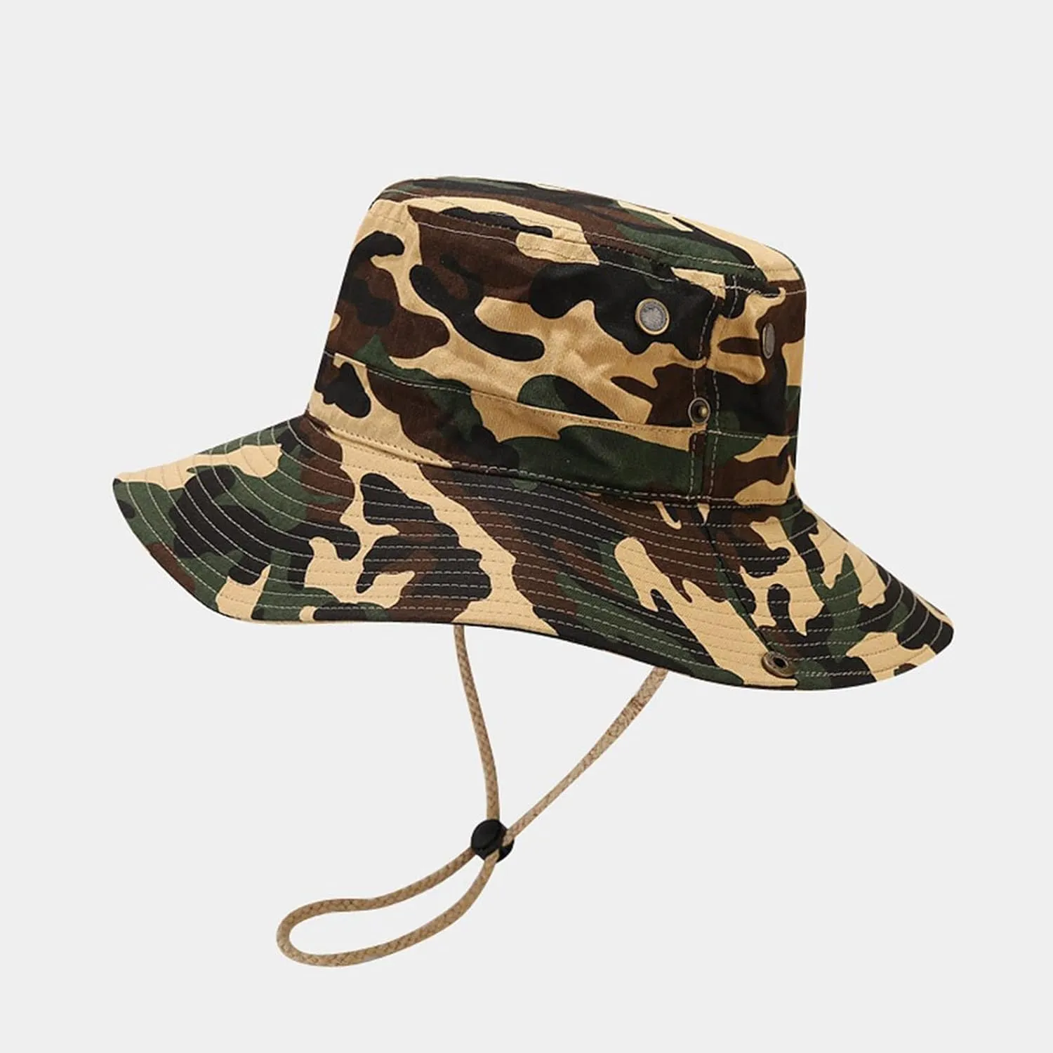 Women Men Camouflage Bucket Hat Wide Brim Cotton Fisherman Cap Fishing Hiking Beach Sun Hat with Strings