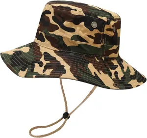 Women Men Camouflage Bucket Hat Wide Brim Cotton Fisherman Cap Fishing Hiking Beach Sun Hat with Strings