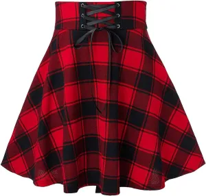 Women Plaid Mini Skirts A Line Pleated Skirts Lace Up Casual Skirts High Waist Skater Skirts Vintage Casual Skirts