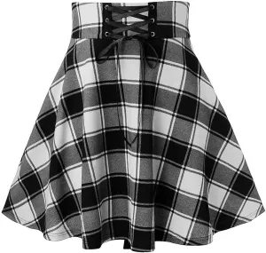Women Plaid Mini Skirts A Line Pleated Skirts Lace Up Casual Skirts High Waist Skater Skirts Vintage Casual Skirts
