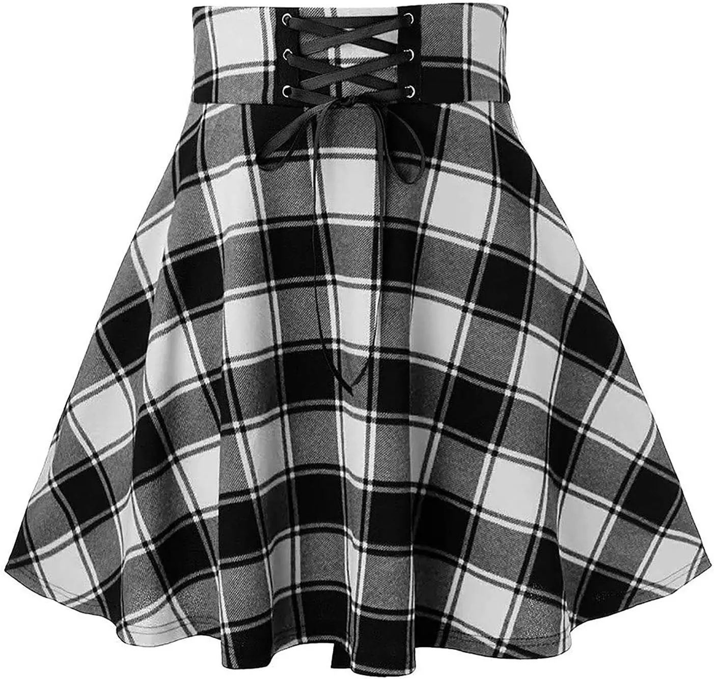 Women Plaid Mini Skirts A Line Pleated Skirts Lace Up Casual Skirts High Waist Skater Skirts Vintage Casual Skirts