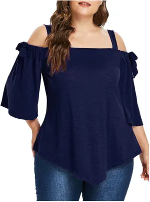 Women Plus Size Tops Cold Shoulder Short Sleeve Batwing Top Elegant Asymmetrical Hem Blouse Solid Loose Tunic Shirts