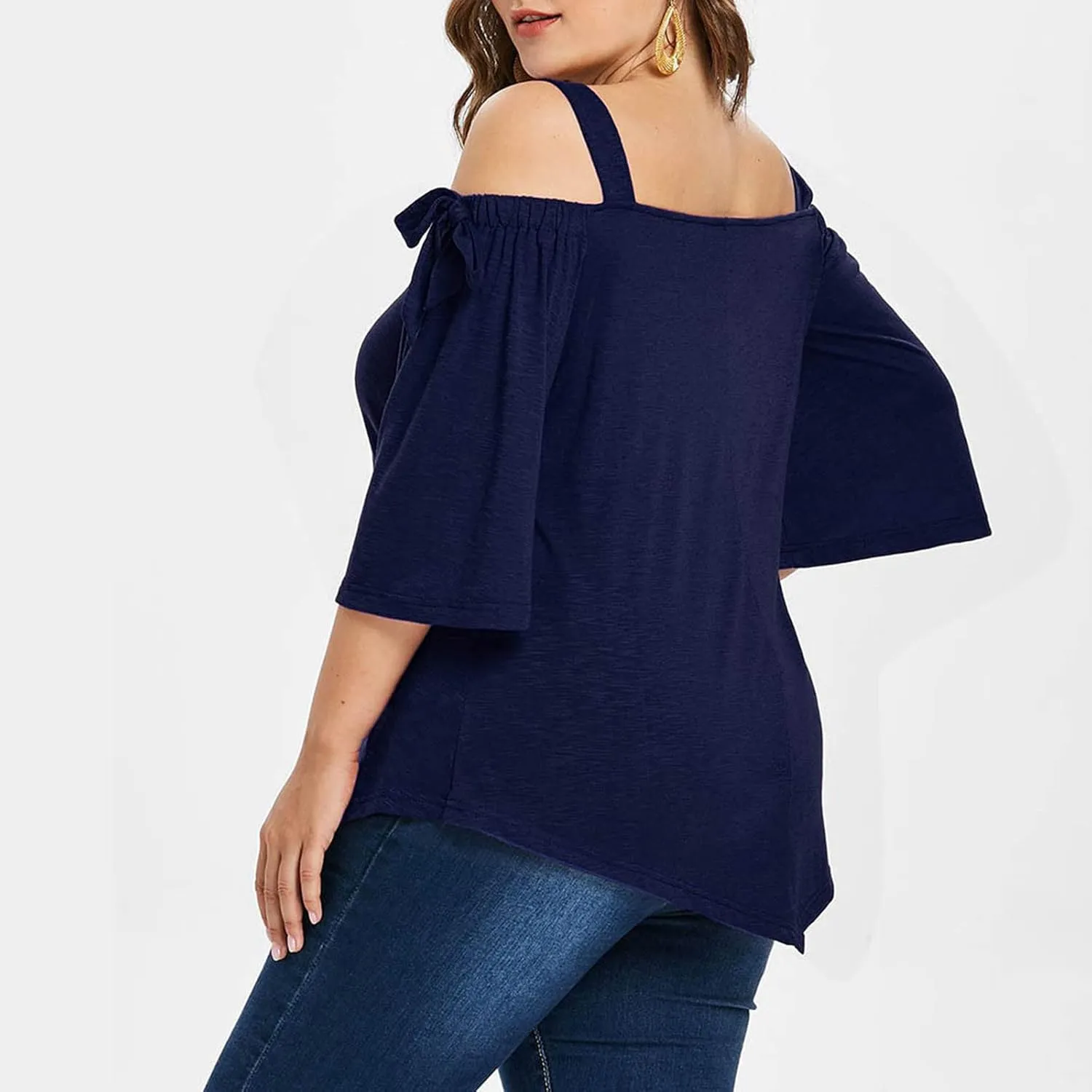 Women Plus Size Tops Cold Shoulder Short Sleeve Batwing Top Elegant Asymmetrical Hem Blouse Solid Loose Tunic Shirts