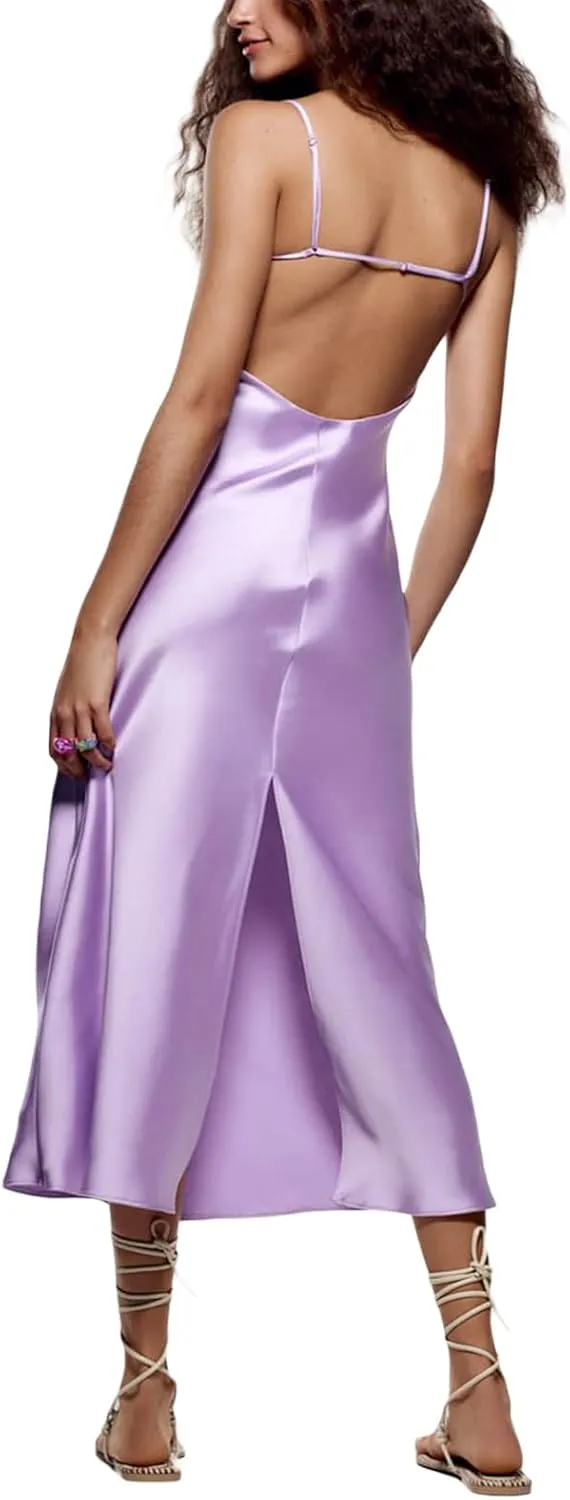 Women Slip Satin Maxi Dress Sleeveless Bodycon Long Dresses Backless Party Cocktail Dresses Summer 2023