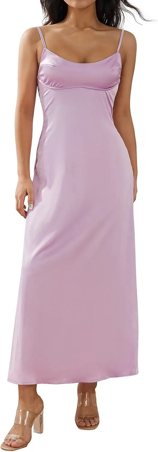 Women Slip Satin Maxi Dress Sleeveless Bodycon Long Dresses Backless Party Cocktail Dresses Summer 2023
