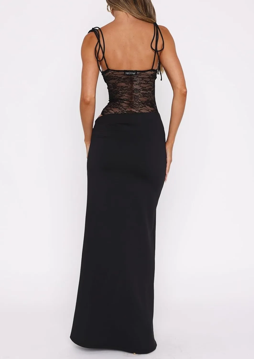 Women Spaghetti Strap Slip Maxi Dress Tie Shoulder Lace Bustier Bodycon Dress Side Cutout Beach Party Long Dress
