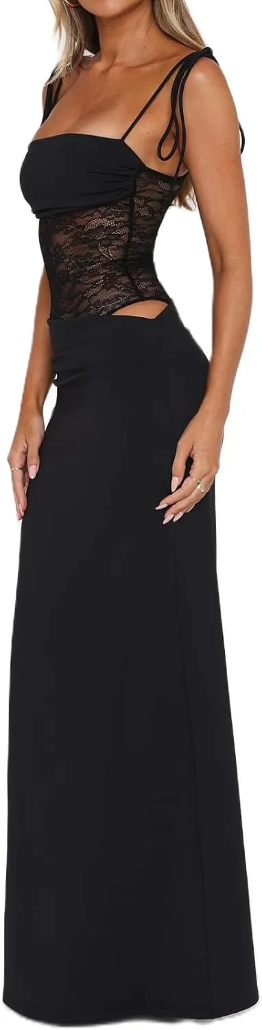 Women Spaghetti Strap Slip Maxi Dress Tie Shoulder Lace Bustier Bodycon Dress Side Cutout Beach Party Long Dress