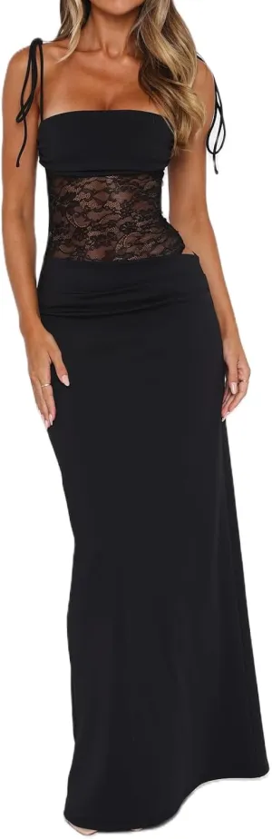 Women Spaghetti Strap Slip Maxi Dress Tie Shoulder Lace Bustier Bodycon Dress Side Cutout Beach Party Long Dress