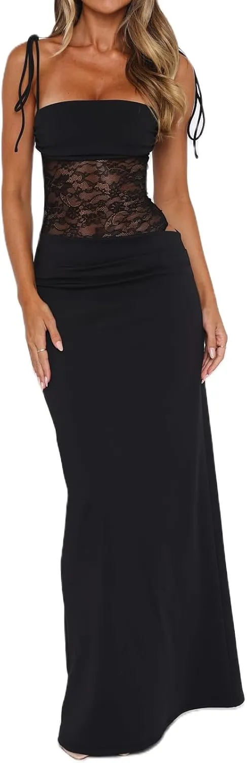 Women Spaghetti Strap Slip Maxi Dress Tie Shoulder Lace Bustier Bodycon Dress Side Cutout Beach Party Long Dress
