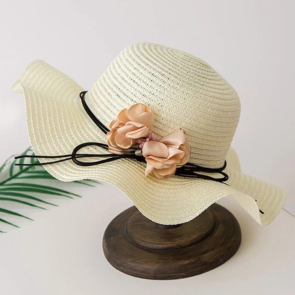 Women Straw Flower Hat Wide Brim Beach Sun Cap Foldable Large Lady Floppy Braided for Summer Travel Vacation