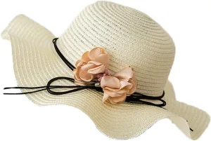 Women Straw Flower Hat Wide Brim Beach Sun Cap Foldable Large Lady Floppy Braided for Summer Travel Vacation