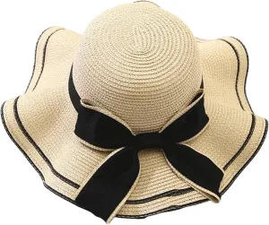 Women Summer Beach Straw Hat with Lace Bow Strap Foldable Wide Brim Floppy Sun Hat Travel Bucket Cap