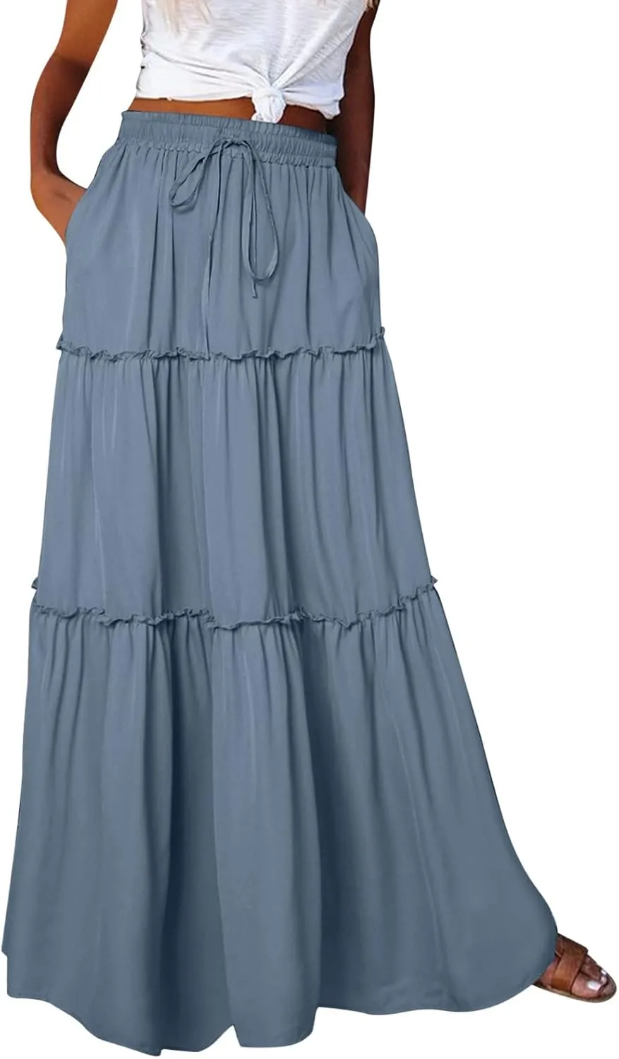 Women Summer Boho Floral Maxi Skirt Elastic High Waist Tiered Pleated Flowy Long Casual Beach Skirt