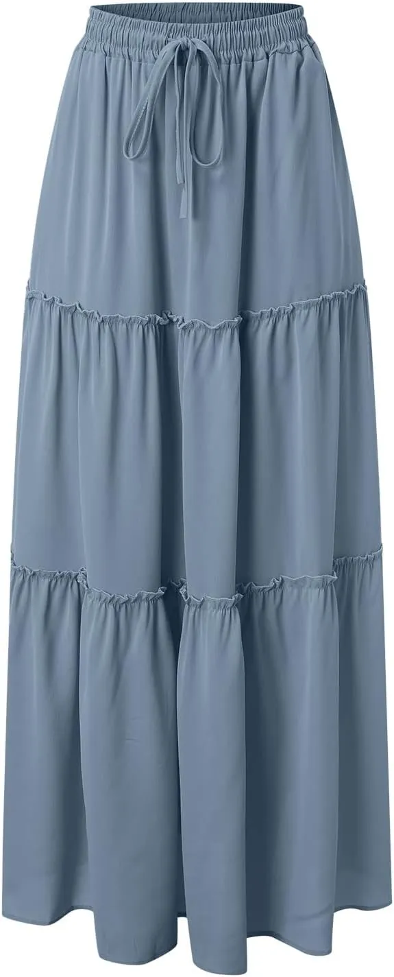 Women Summer Boho Floral Maxi Skirt Elastic High Waist Tiered Pleated Flowy Long Casual Beach Skirt