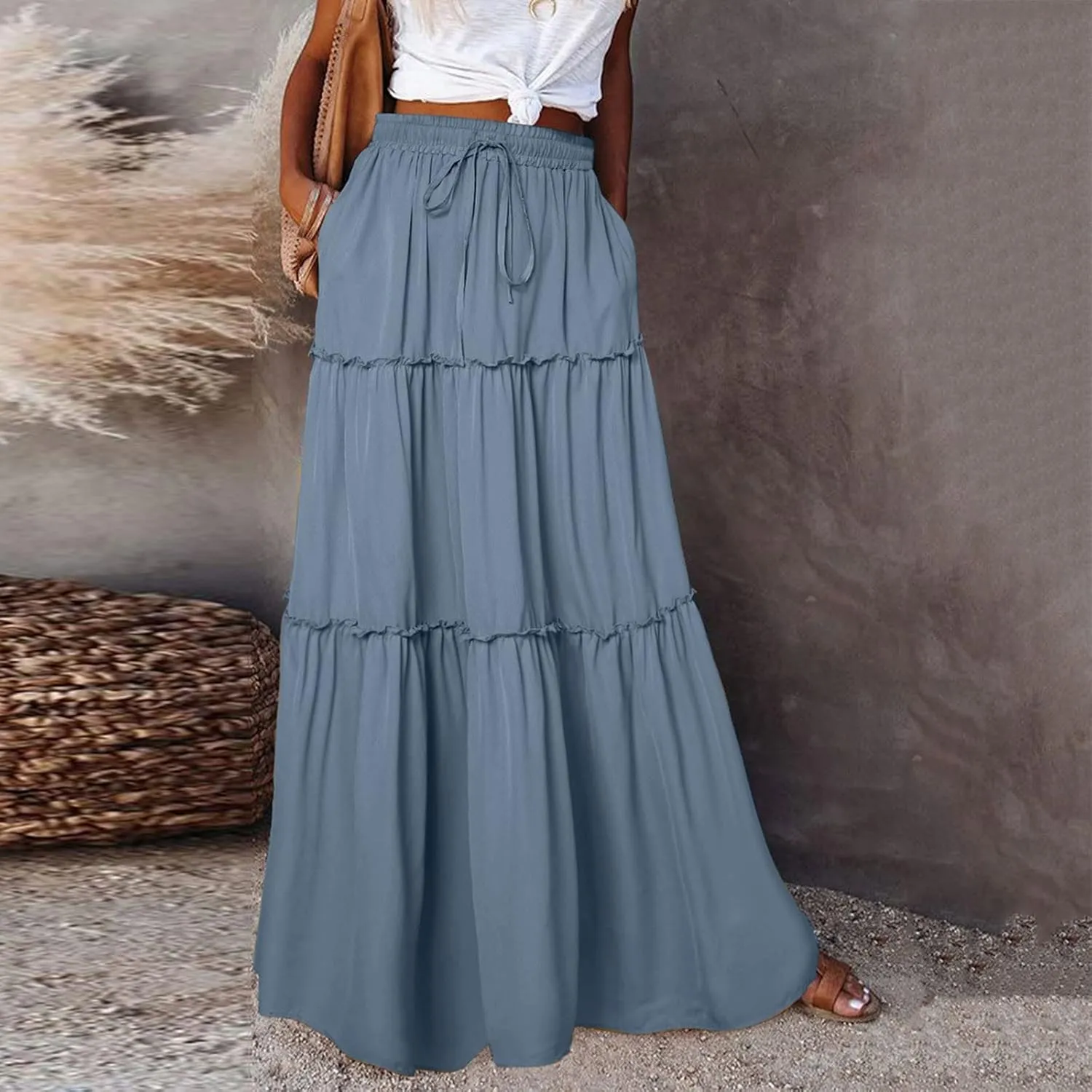 Women Summer Boho Floral Maxi Skirt Elastic High Waist Tiered Pleated Flowy Long Casual Beach Skirt