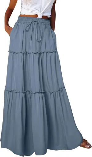 Women Summer Boho Floral Maxi Skirt Elastic High Waist Tiered Pleated Flowy Long Casual Beach Skirt