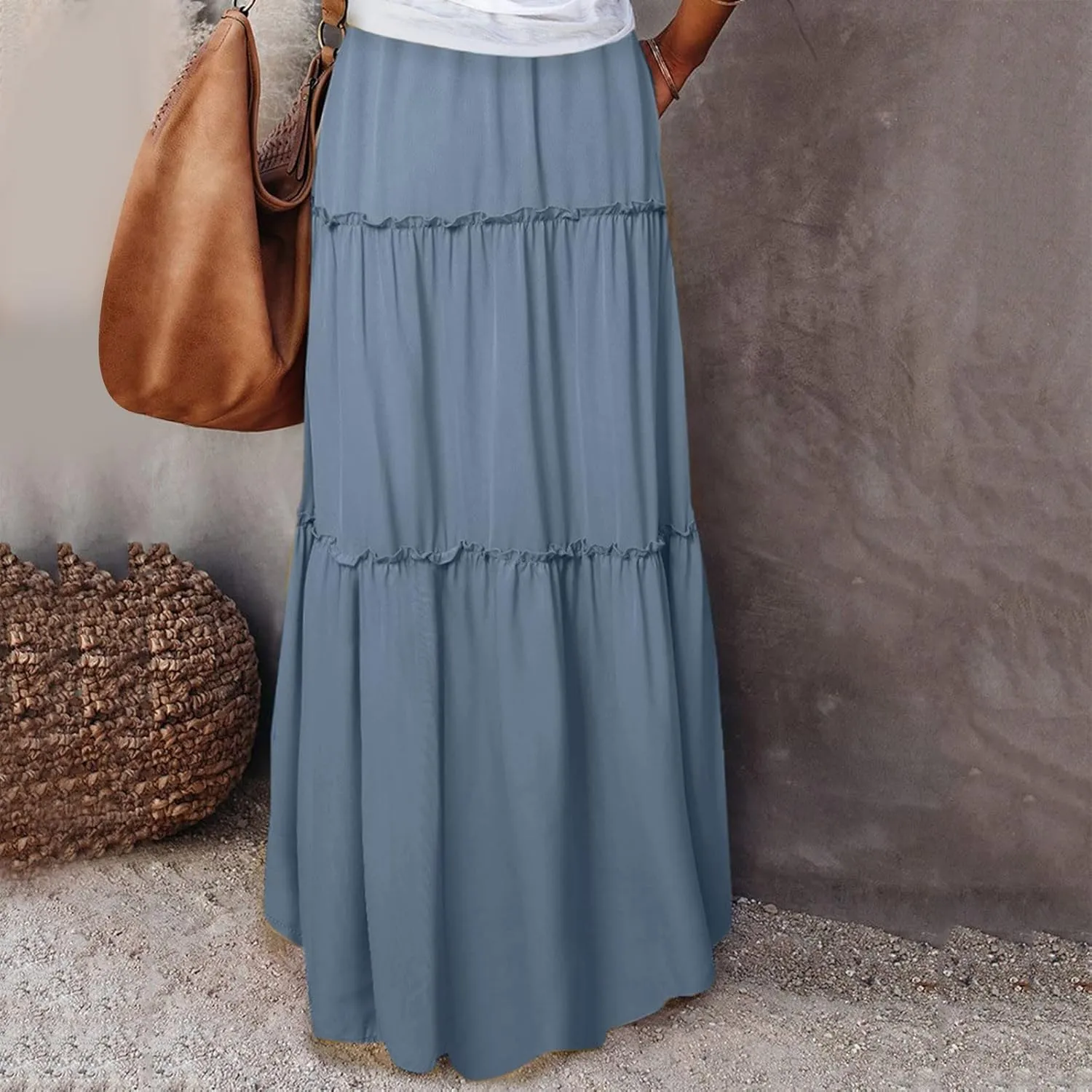 Women Summer Boho Floral Maxi Skirt Elastic High Waist Tiered Pleated Flowy Long Casual Beach Skirt