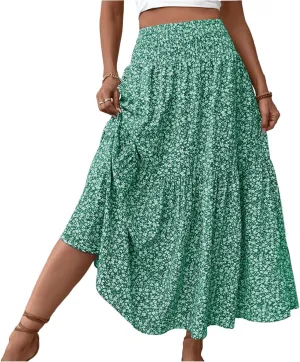 Women Summer Boho Floral Smocked Elastic High Waist Flowy Swing Pleated Maxi Skirts Vacation Printed A-Line Long Skirts